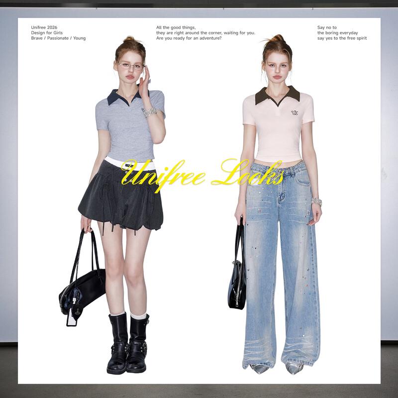 UNIFREE Women's Chic Slim Fit Color Block Lapel T-Shirt