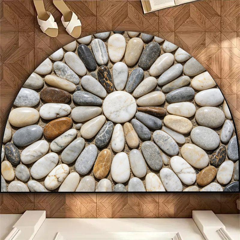 Neutral Natural Pebble Half Round Bath Mat, Non‑Slip Water Absorbent Minimalist Bathroom Floor Rug