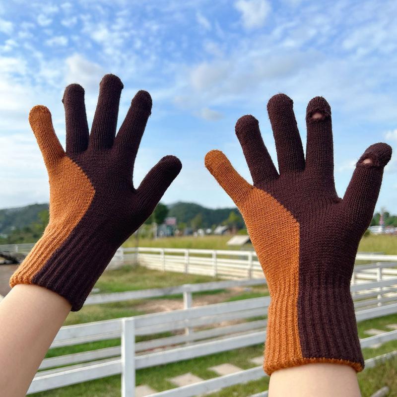 Touchscreen Gloves Korean Style Color Block Fingerless Cute Knitted Fleece Lined Thick Warm Winter Windproof Gloves