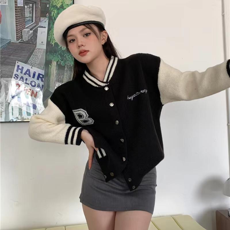 

Корейские свободные утепленные пальто с буквенным принтом и вышивкой, женский кардиган, бейсбольные однобортные пальто XL чёрный