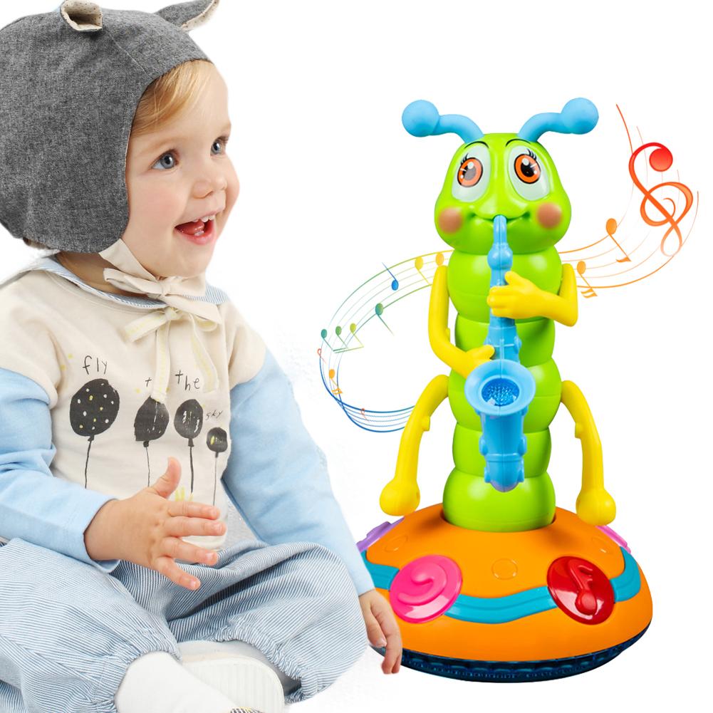 Electric Caterpillar Saxophone Toys with Music and Light Automatic Obstacle Avoidance Dancing Toy Birthday Gifts for Boys Girls