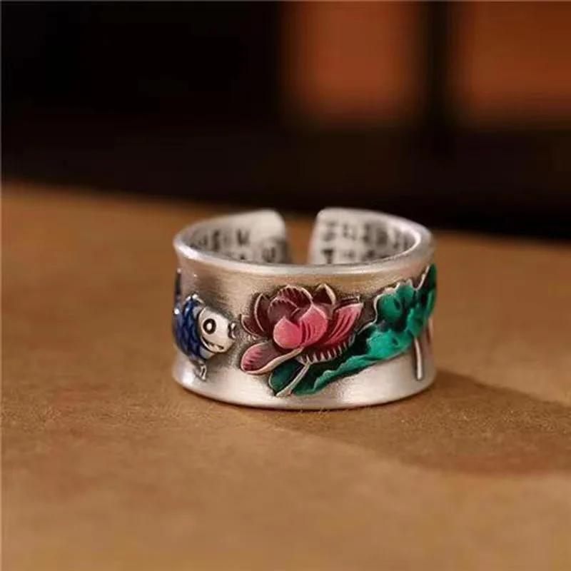 Vintage Ethnic Style Enamel Fired Blue Peony Flower Adjustable Ring for Women  Floral Luxury Party Vacation Jewelry Gifts