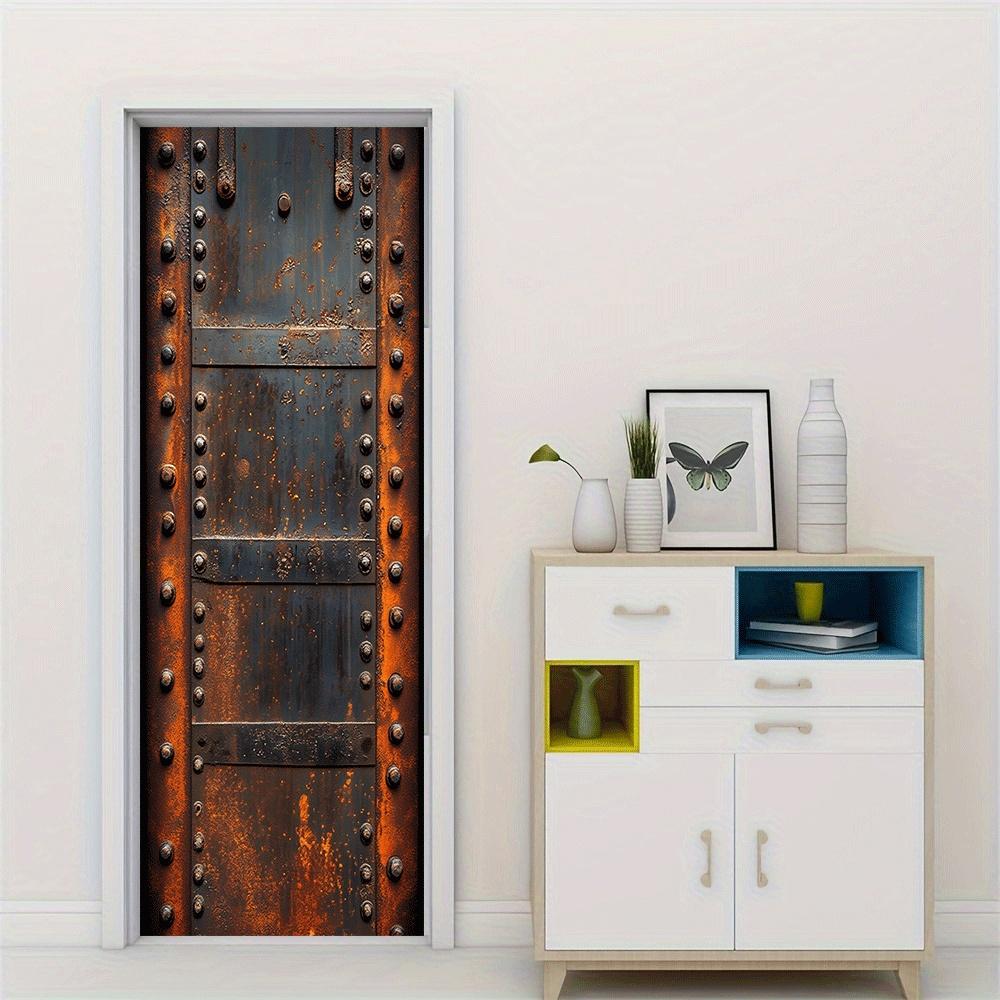 2pcs Retro Industrial Style Metal Rivet Decorative Door Wall Stickers, Simulated Rust Texture Self-adhesive Wallpaper, Living Ro