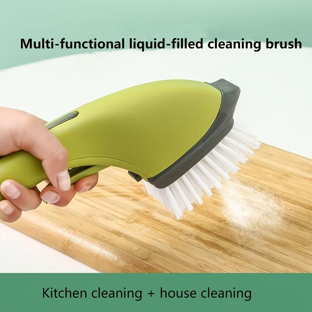 Upgraded Liquid-Filled Cleaning Brush Press with Soap Dispenser ,Non Stick Cookware Safe, Stainless Steel Bristles,
