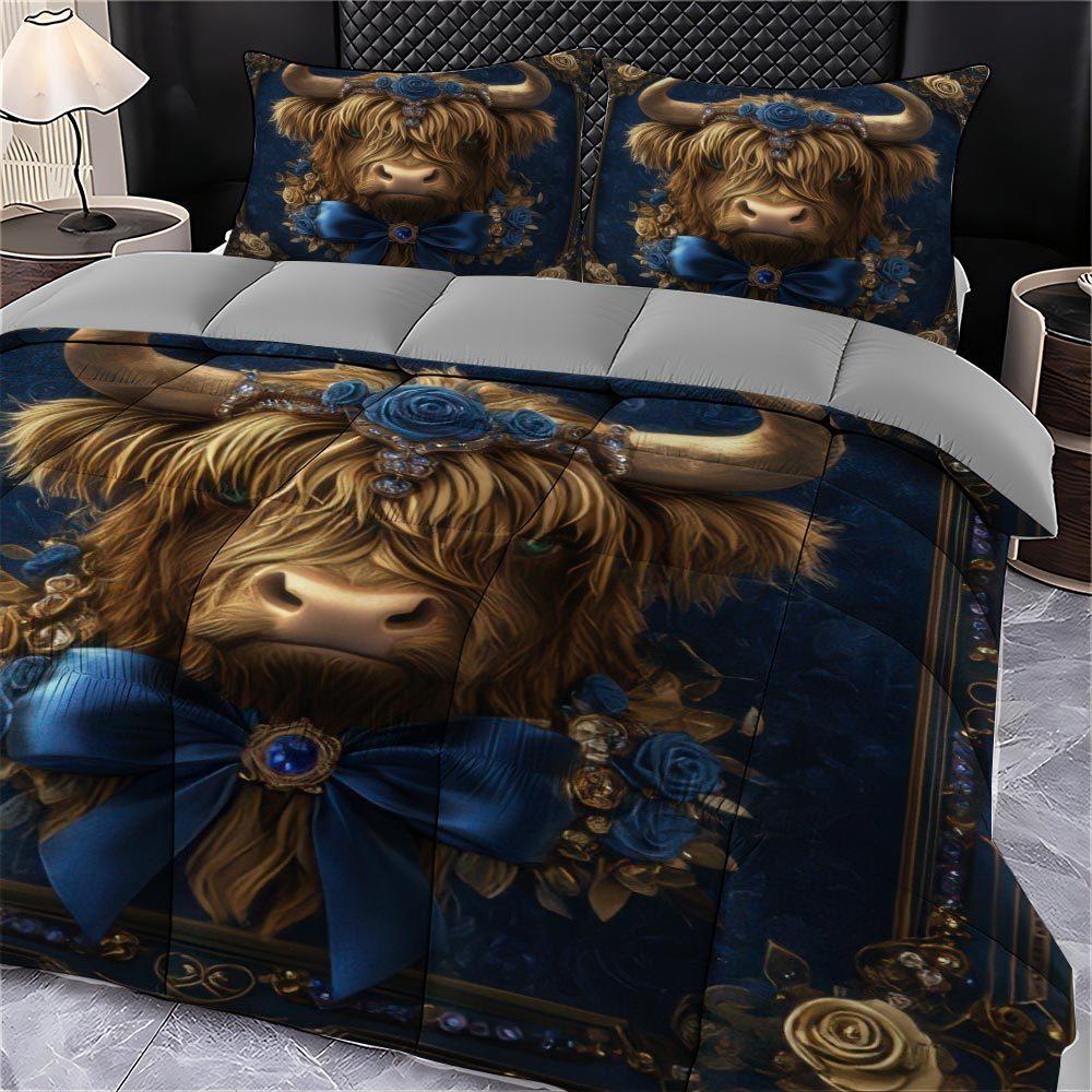 3 Pcs Highland Cow with Roses Quilt Set thick blanket Set Elegant and Festive Comforter Bedding Set 1 Quilt + 2 Pillowcases