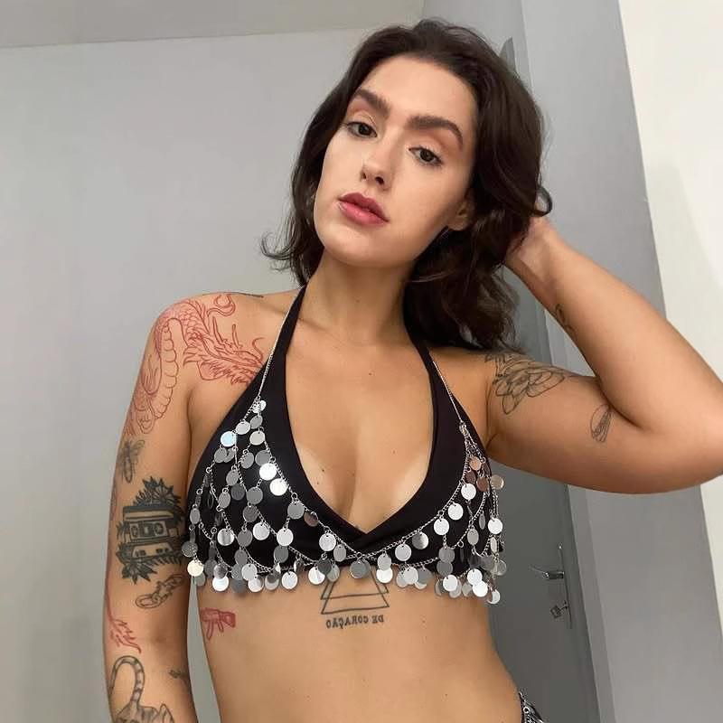 Sexy Sequins Hanging Neck Bra Top Chest Chain and Skirt Women Beach Crystal Tassel Pendant Body Chain Festival Y2K Jewelry