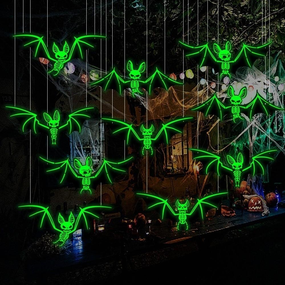10pcs Halloween Glowing Hanging Bats PP Material Realistic 3D Bats Decorations Horror Theme Glow-in-the-Dark Bats Outdoor Decor