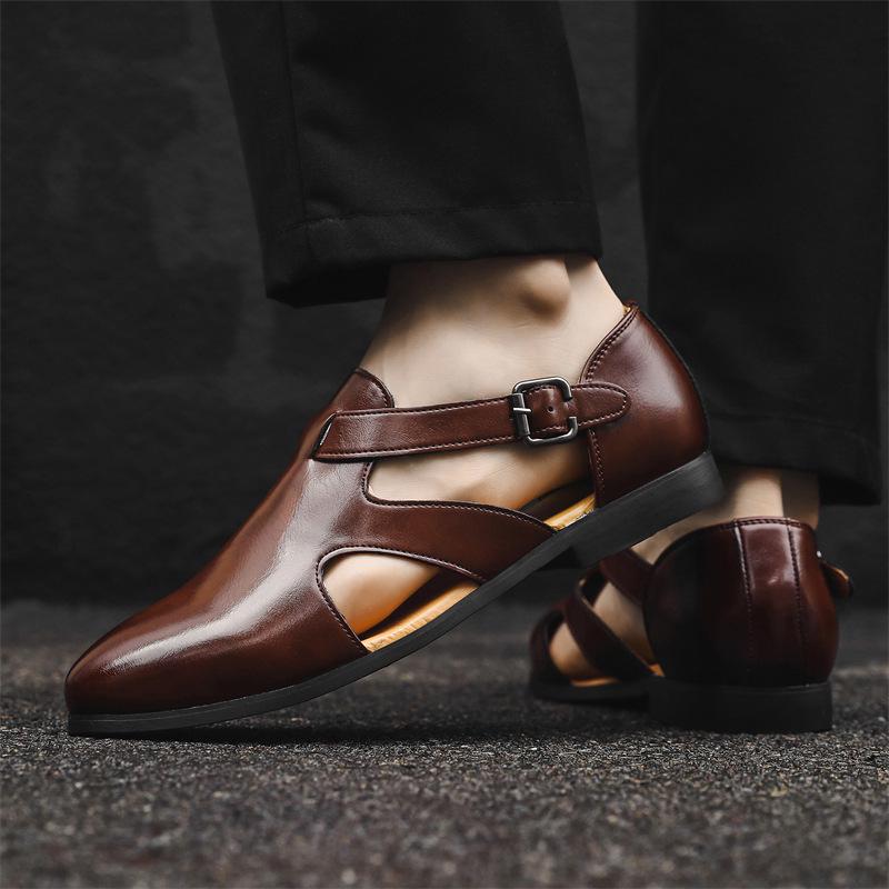 Men's Large Leather Roman Sandals - Breathable, Versatile, Hollow-Out Design with Buckle