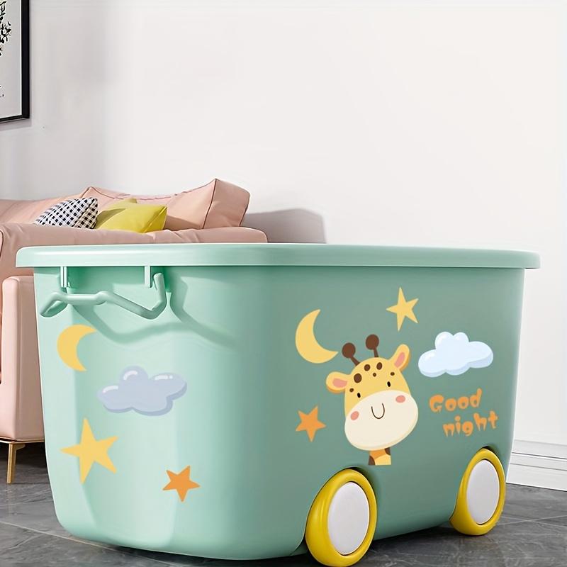2Color Cartoon Cute Storage Box with Wheels a Household Storage Box with a Handle And Lid,Comes with a Set of Cartoon Stickers,Stackable for Books,