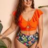 European & American Ruffle Printed Swimsuit with Drawstring Bikini