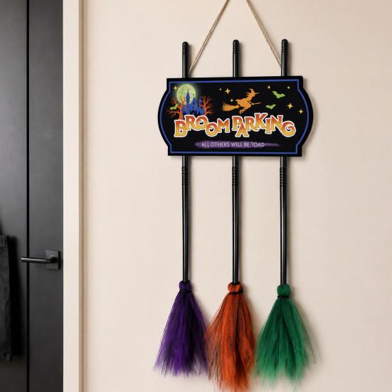 Hanging Broomstick Holiday Ornaments Halloween Broom Parking Sign with 3 Witch Brooms, Hocus Pocus Themed Wooden Sign, Yard And Porch