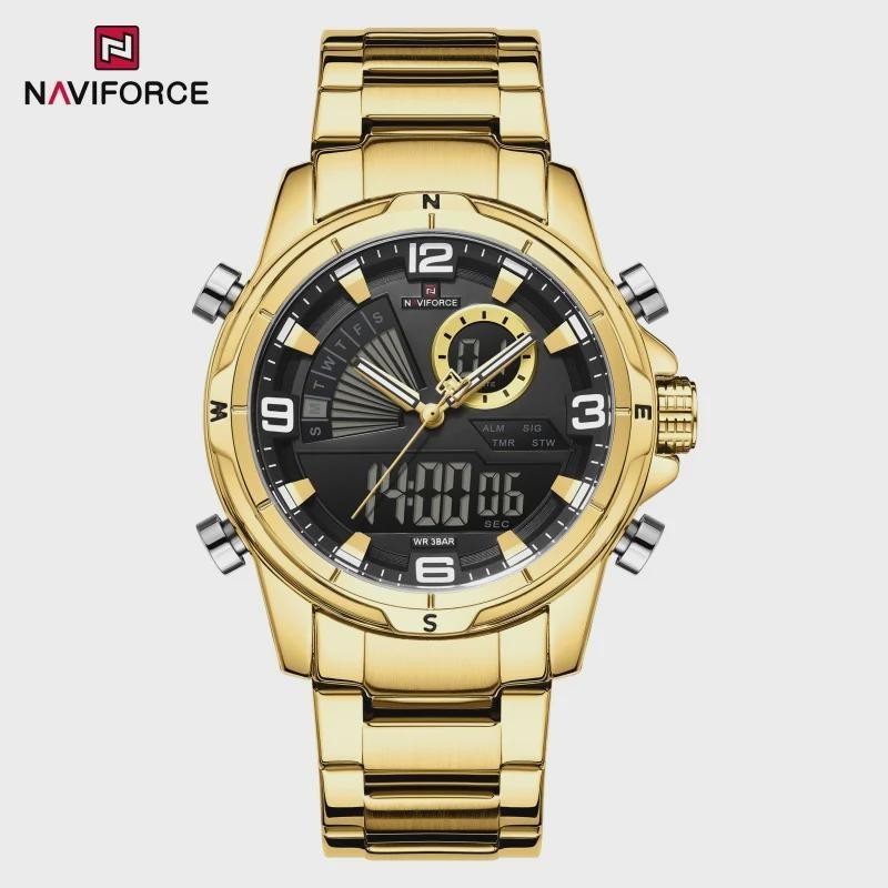 Mens Multifunctional Double-Display Watches Date Stainless Steel Watchband LED Luminous Mode Waterproof Wrist Watch