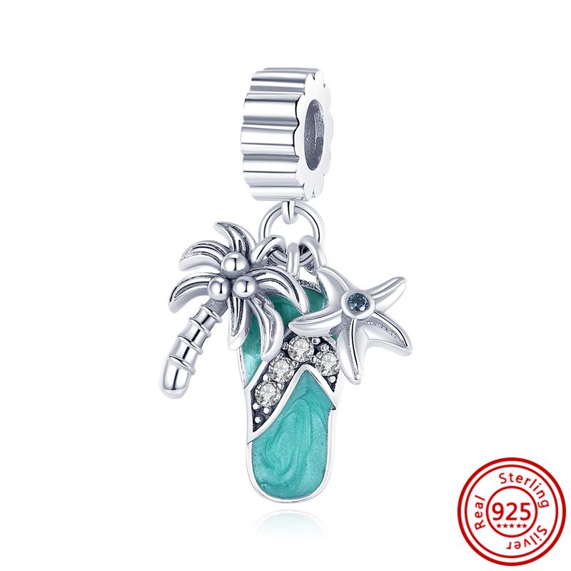 925 Sterlingsilber Sommerstil Kokospalme Grünes Blatt Anhänger Glänzender Clip-Bead Passend für Original Pantaro Charm Armband DIY Zirkon
