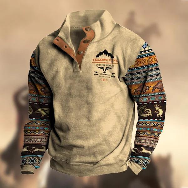 Men's Denim Christmas Ethnic-Style Distressed Print Henley Long-Sleeved Stand-Collar Sweatshirt