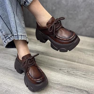 Platform Shoes Women's Spring and Autumn 2025 Retro Casual Shoes Round Head Lace-up Single Shoes Temperament High-heeled Shoes Non-slip