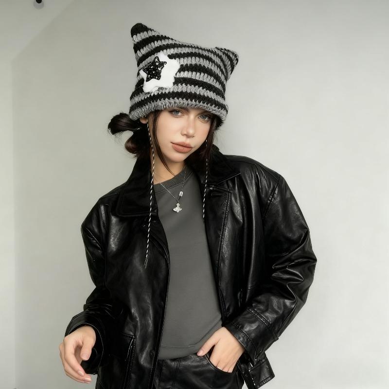1pc Cute Cat Ears Beanie Hat For Women Winter Striped Korean Punk Gothic Y2K Wool Knitted Streetwear Handmade Crochet Bucket Cap