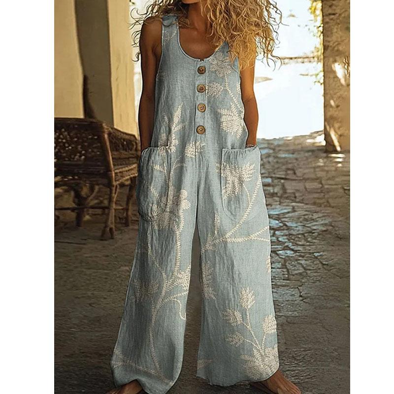 Women's Overalls Casual Loose Sleeveless Adjustable Straps Bib Wide Leg Jumpsuit with Pockets
