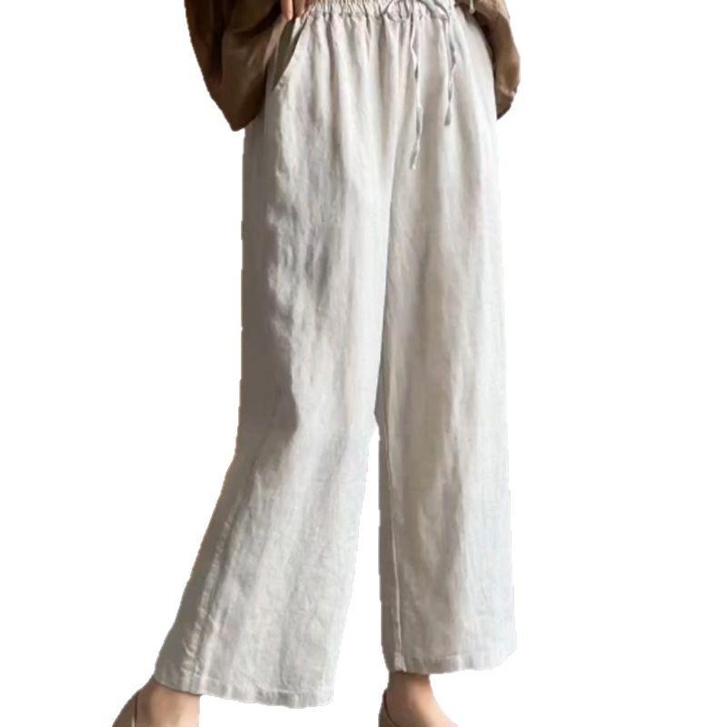 2024 Spring Linen Wide-Leg Pants: Versatile Solid Color with Elastic Waist & Drawstring for Women