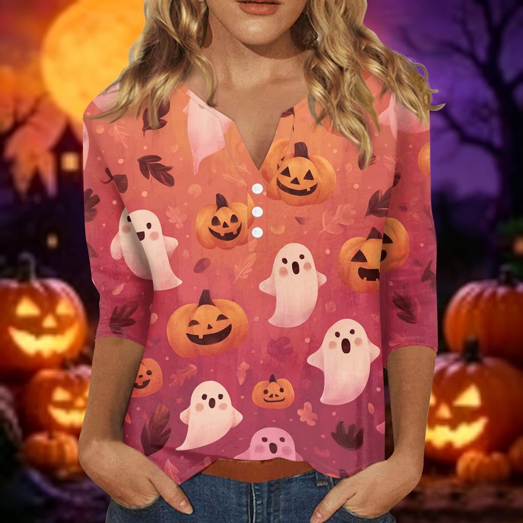 Women Casual Halloween Print V Neck Short Sleeve Button Detail Three Quarter Sleeve T Shirt Top