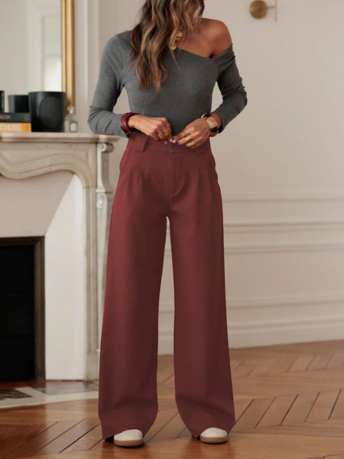 

Plus Size High Waist Straight Leg Suit Pants - Elegant Solid Color, Loose Wide Leg for Women 4XL вина червоного кольору