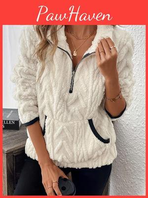 Solid Sweatshirt Fashion Fuzzy Womens Color With Lapel Collar And Zipper Detail For Allseason Comfort Pullover