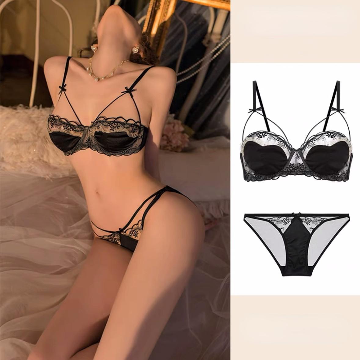

Женский ультратонкий бюстгальтер и трусики Комплект бюстгальтера на косточках Сексуальный комплект нижнего белья с полыми чашками Комплект нижнего белья во французском стиле Комплекты бюстгальтеров с маленькой чашкой 34/75AB чёрный