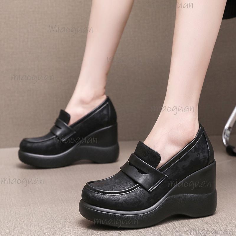 British Style Slip-on Women's Platform Shoes Wedges Office Ladies Fashion Loafers Thick-sole High Heel Pumps Black Size 34-43