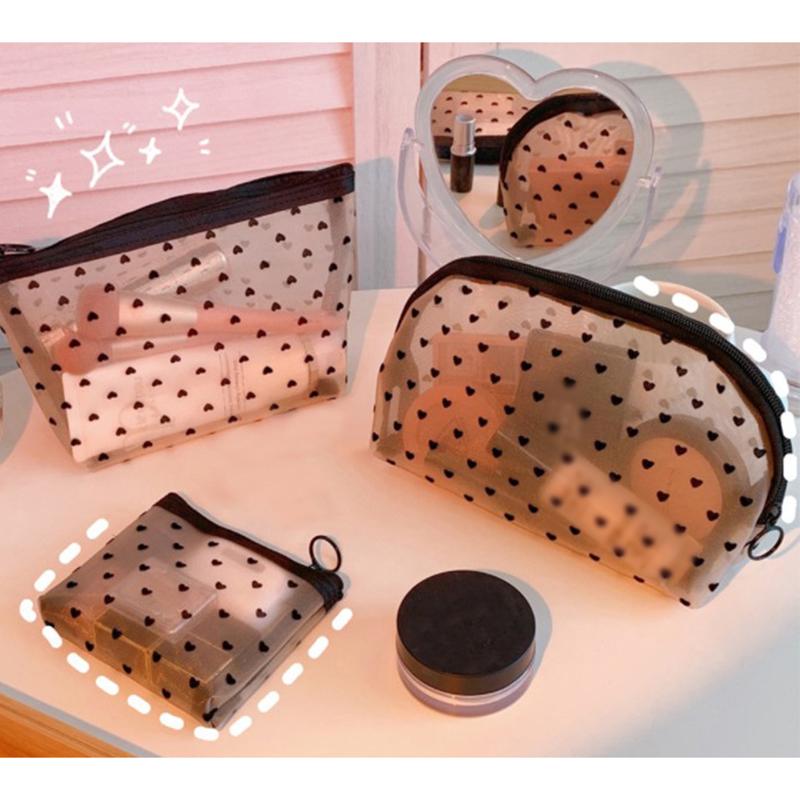 Mesh Cosmetic Makeup Bags Case Holder Zipper Heart Printed Pencil Case Pouch