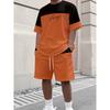 Men's Fashion Striped Patch Print Set, Comfortable and Breathable Round Neck T-shirt Two-piece Set, Outdoor Casual Wear