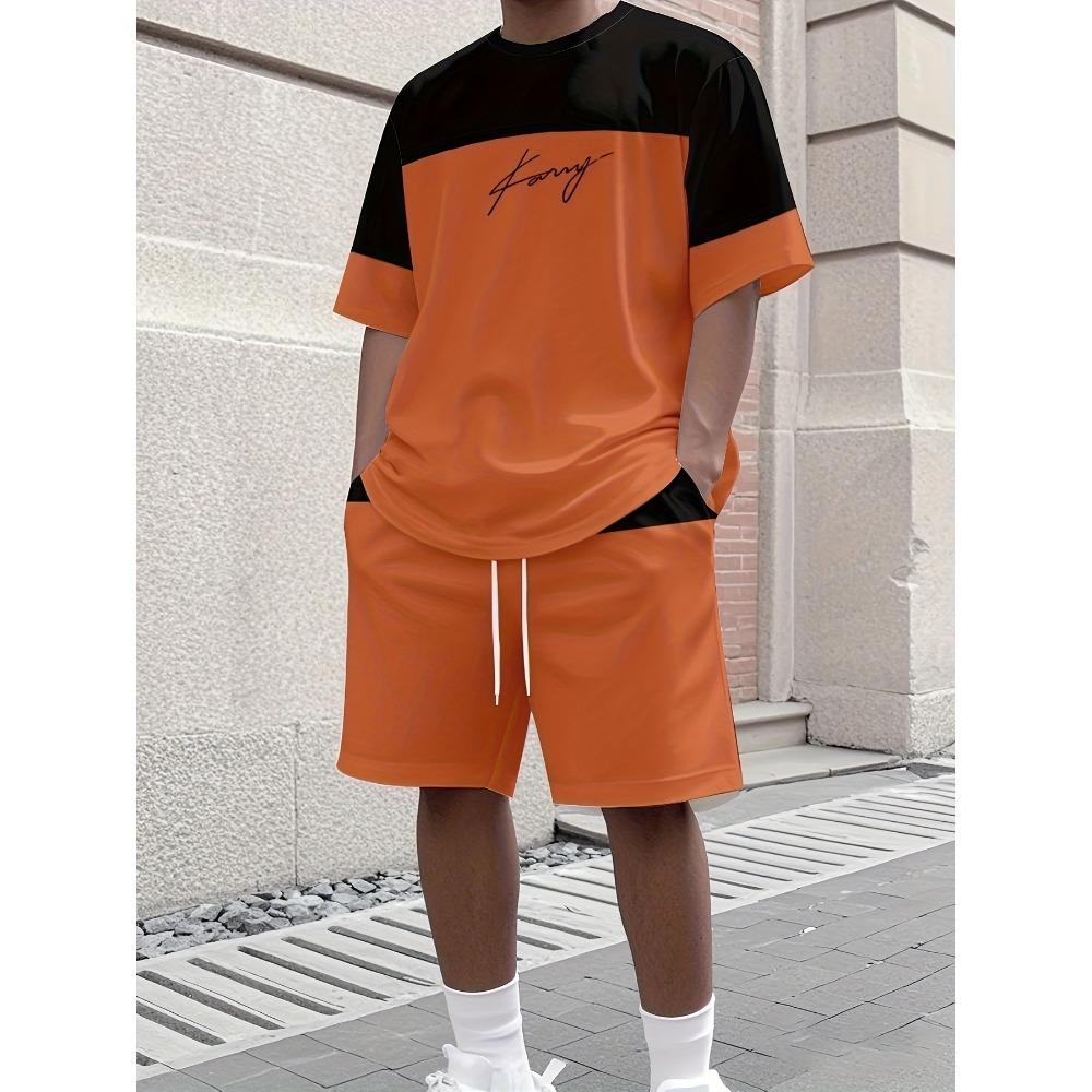 Men's Fashion Striped Patch Print Set, Comfortable and Breathable Round Neck T-shirt Two-piece Set, Outdoor Casual Wear