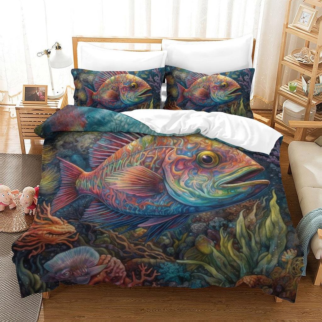 Colorful Fish 3D Digital Printing Polyester Quilt Cover Two Or Three Pieces Can Be