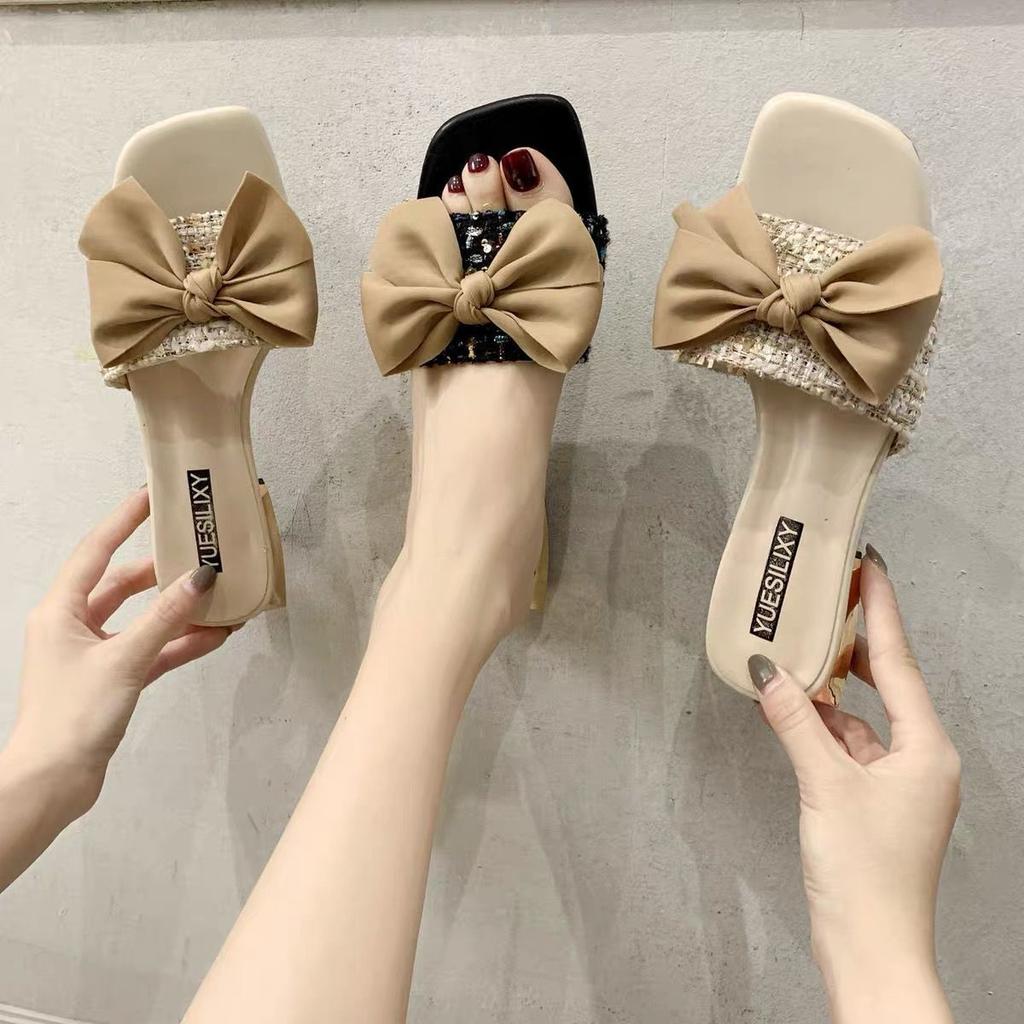 Slides with Heel Open Toe Women's Slippers and Ladies Sandals Beige Bow Shoes Designer Luxury 2025 Unique Korea Style Vip 39