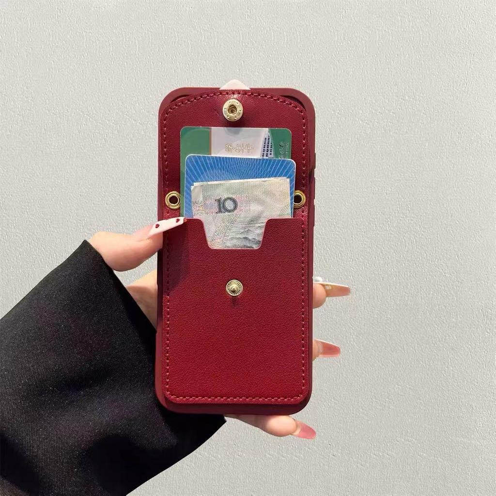Wine Red Heart Card Holder Phone Case for iPhone 17 Pro Max & Apple 16 Pro, with Lanyard and Card Slot.