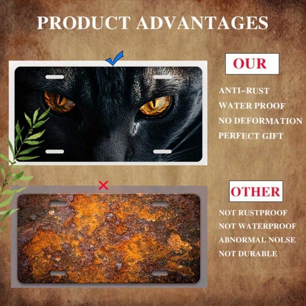 2D Flat Black Cat Orange Eyes License Plate Frame, Rustproof Aluminum Car Tag Cover, Universal 5.9x11.8 Inch Novelty Decor