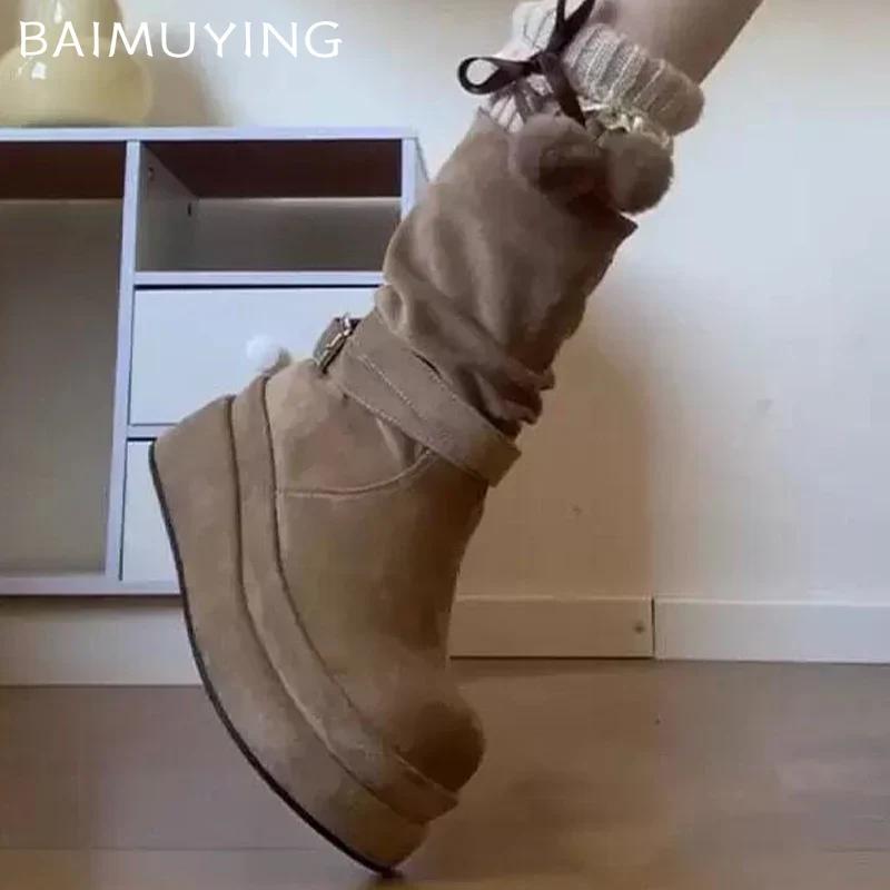 Platform Women Suede Ankle Boots Retro Mid Heels Shoes New Brand 2025 Trend Designer Classic Buckle Gladiator Winter Botas Mujer