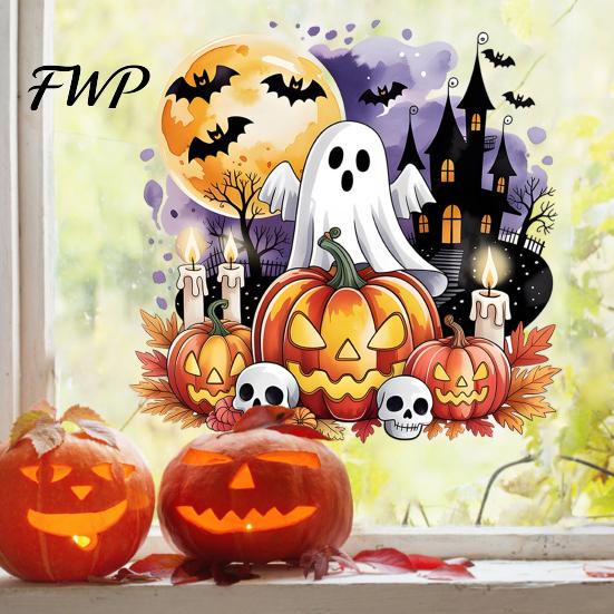 Waterproof Skeleton Wall Stickers Halloween Static Window Clings, Watercolor Pumpkin Ghost Skull Decals, No Festive Party Murals Glue Glass for Living