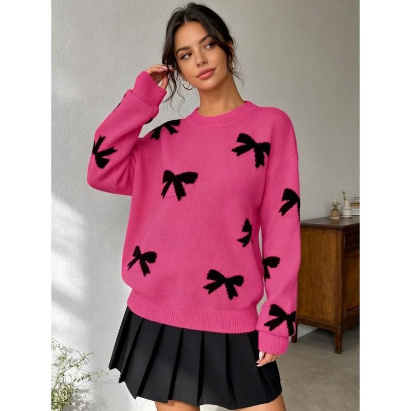Womens Loose Fit Long Sleeve Knit Sweater With Bow Jacquard Round Neck Winter Casual Top