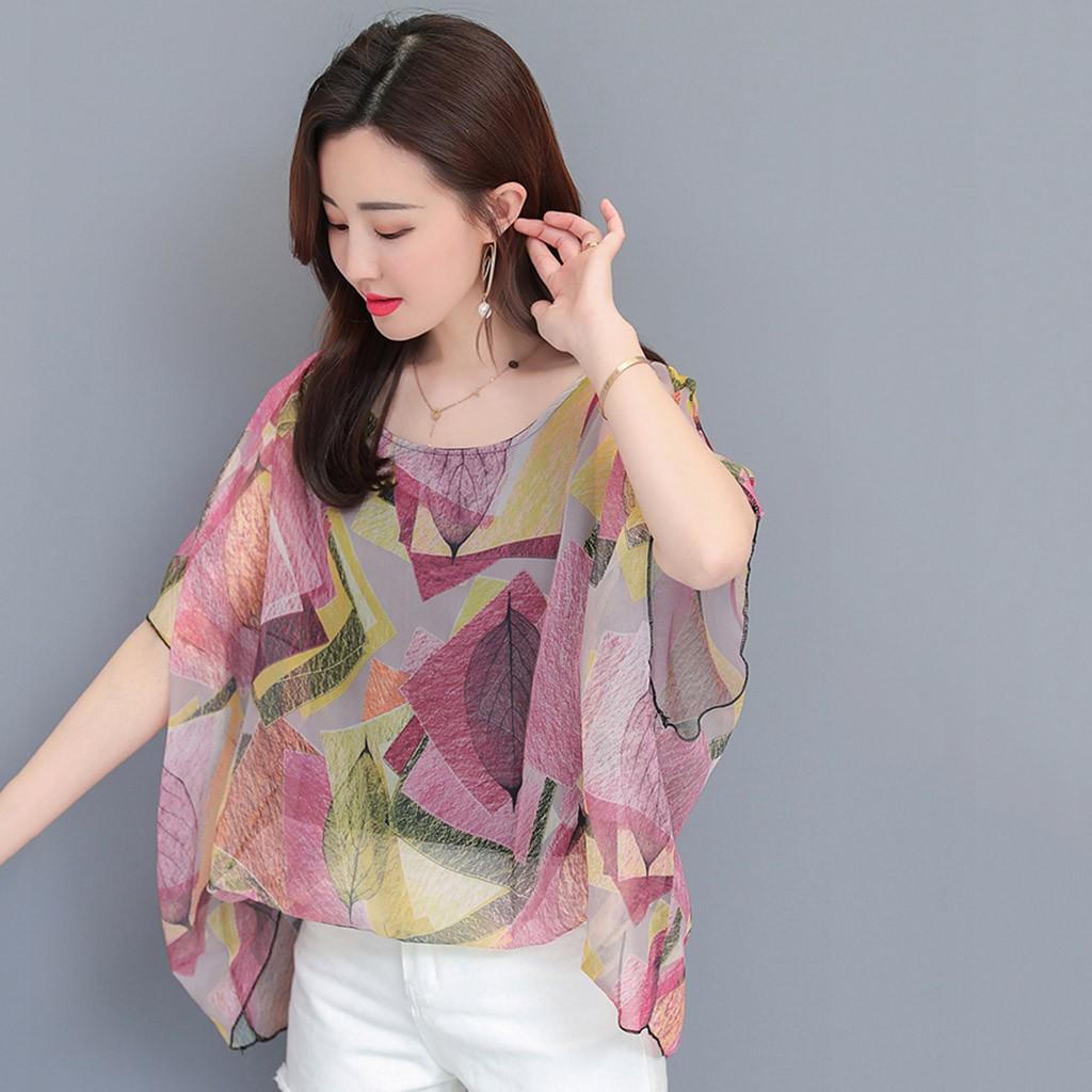 Women's  Printing Chiffon Blouse Summer  Short Sleeve  Shirt