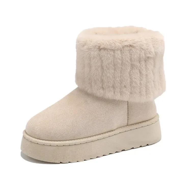 Fashion Winter Paragraph Women's Boots Black Round Toe Solid Flock Plush Warm Mid Heel Water Proof Casual Snow Boots