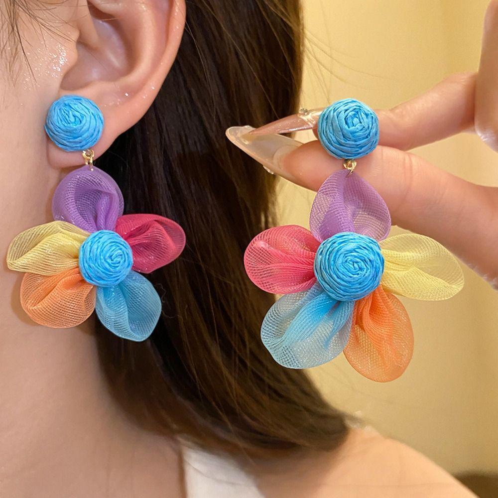Raffia Multi-colored Ear Accessories Exaggerated Shape Wood Drop Earrings Flower Ear Drop  Daily
