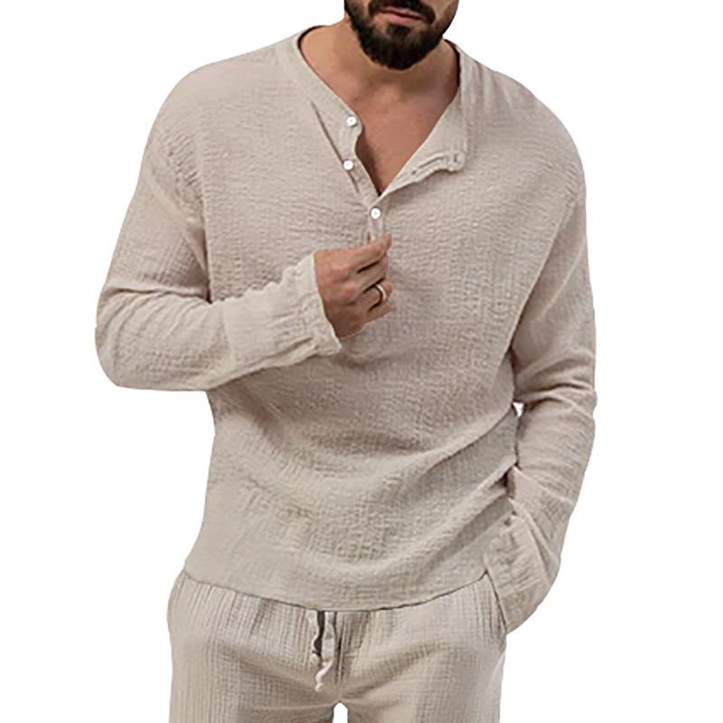 New Autumn Long Sleeve T-shirt Men's Loose Button V-neck Top