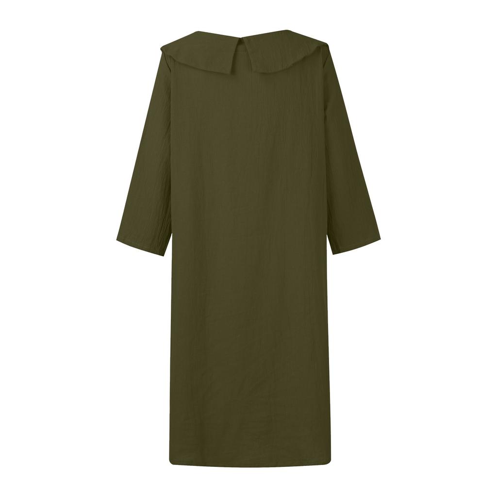 Women's Cotton And Linen Temperament Commuting Long Spliced Round Neck Casual Solid Color Dress