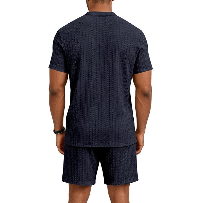 Summer Retro Men's Loose Knit Henley Shirt & Shorts Set