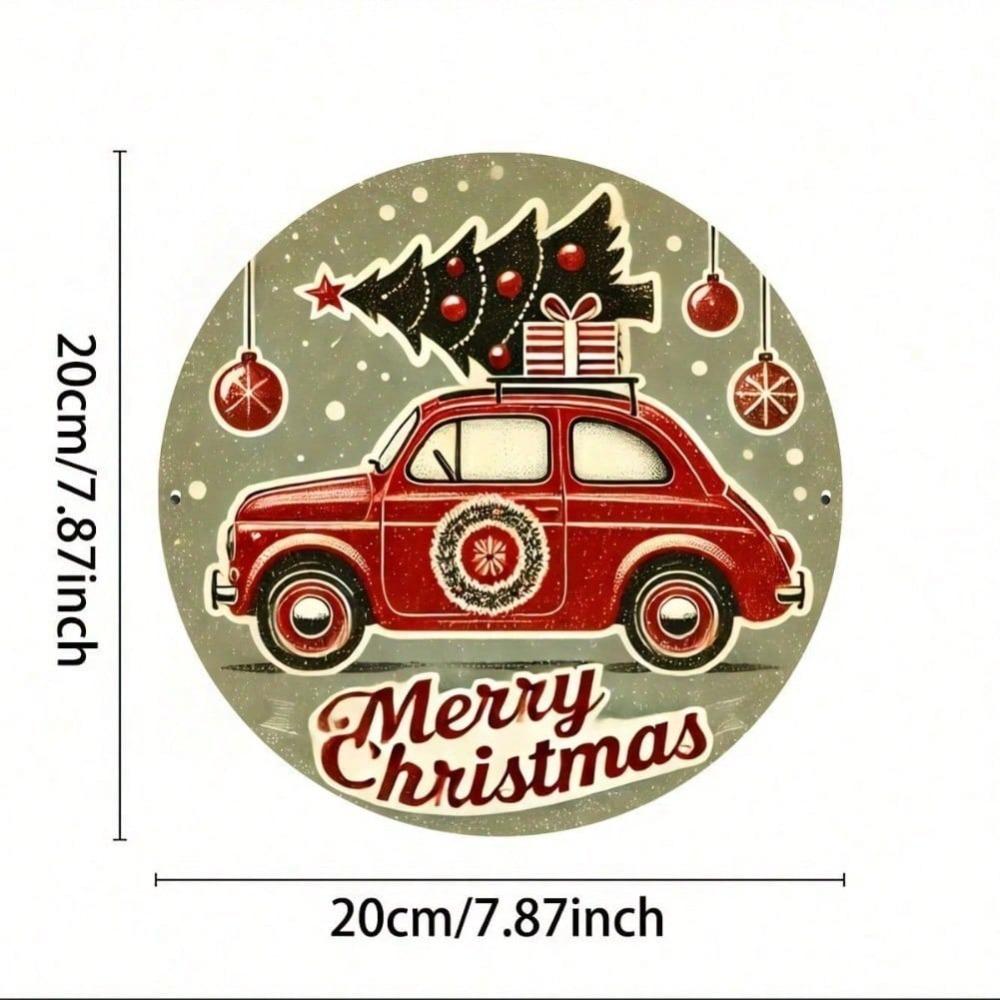 Vintage Christmas Car Tree Round Metal Sign 87x87 inch Festive Red Car Gift Merry Christmas Script Home Office Holiday Decoration