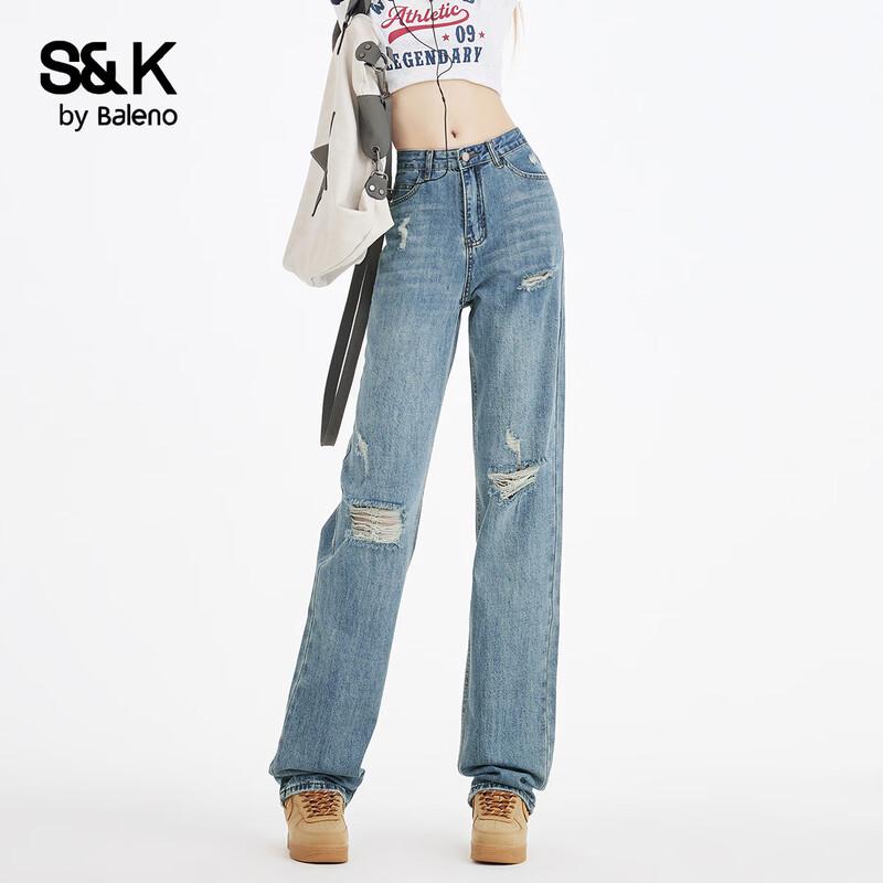 Baleno S&K Women's High-Waisted Ripped Straight-Leg Jeans