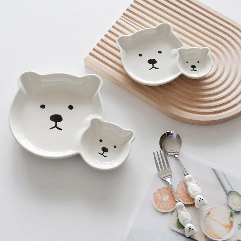 White Ceramic Platter Jiaozi Dipping Sauce Plate White Bear Ceramic Plate Cartoon Animal Storage Tray Household Tableware