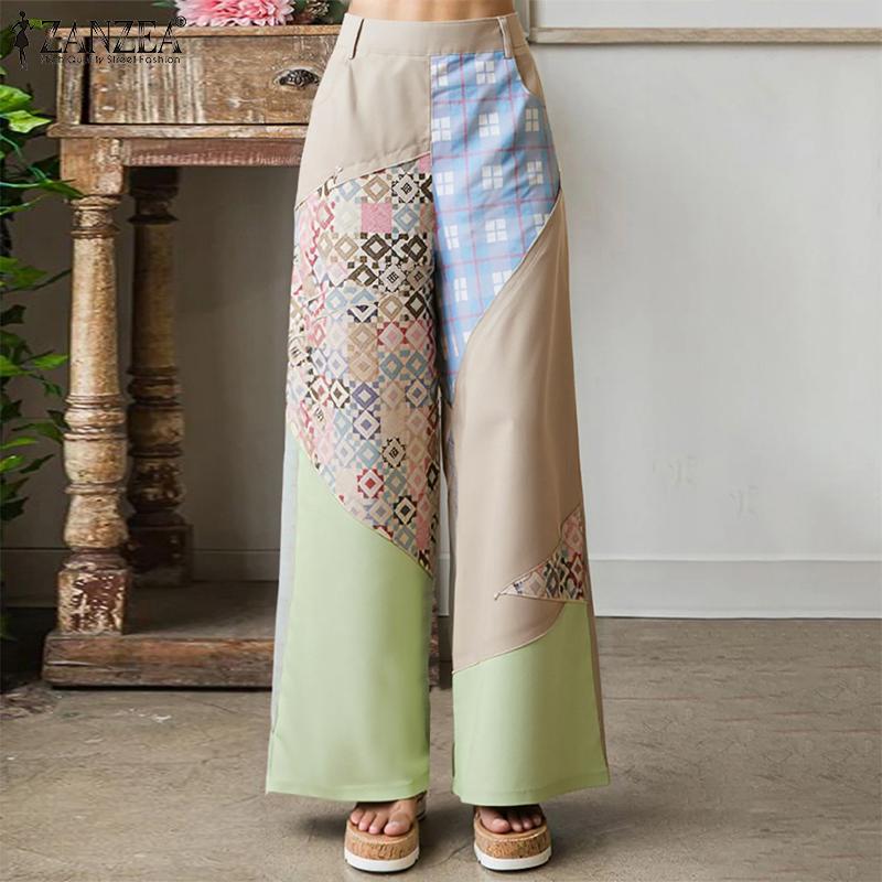 ZANZEA Women Casual Print Patchwork Loose Straight Trousers