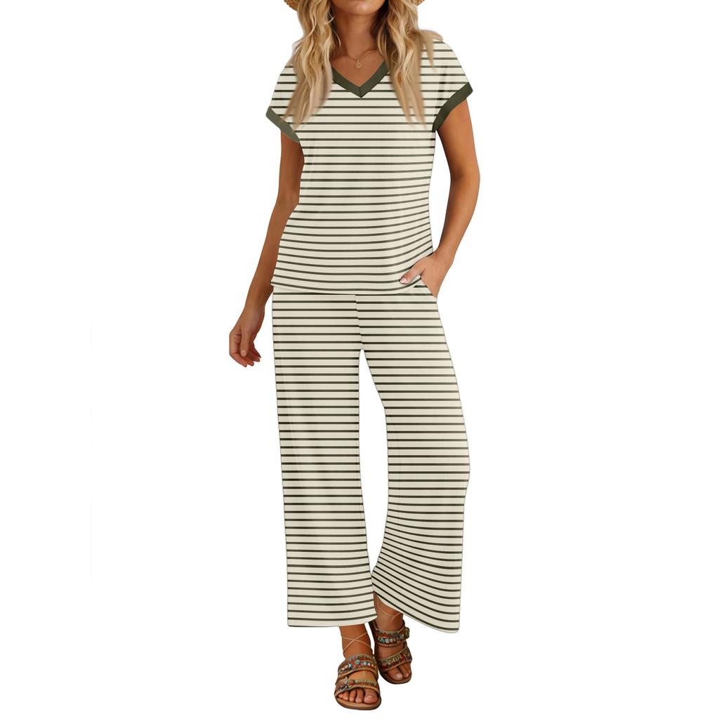 Completo da Donna Due Pezzi Casual Loungewear Top Scollo a V Manica Corta con Pantaloni a Gamba Larga a Righe Vestibilità Rilassata Tessuto Morbido per Viaggio e Casa
