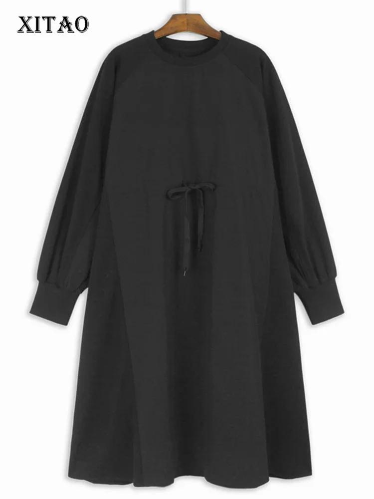 Xitao Einfarbig O-Ausschnitt Bandage Patchwork Kleider GJ1083