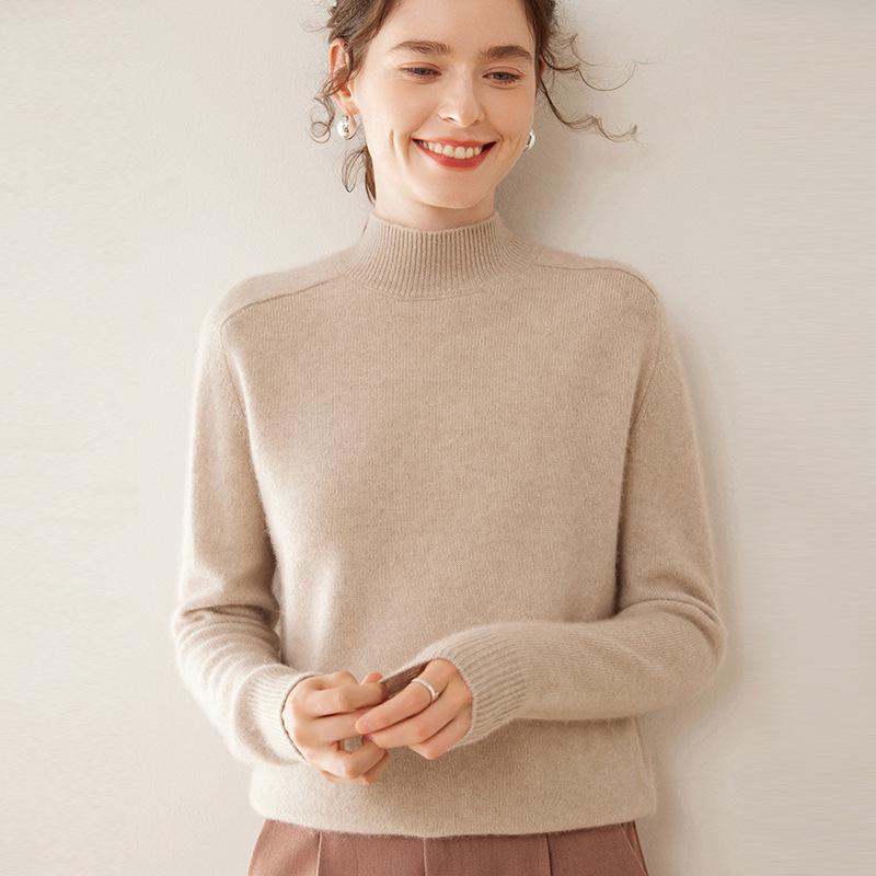 Women's Cashmere Winter Sweater - Half High Neck, Thick Knit, Saddle Shoulder, Loose Fit Pullover.